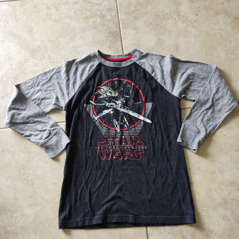 Star Wars Shirt Youth Large Black Gray Long Sleeve Space Ship Graphic Tee